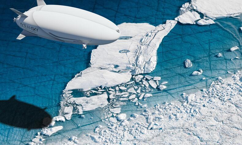 Dieses Luftschiff wird das größte Luftschiff der Welt sein. Es wird mit Helium angetrieben und fliegt in geringer Höhe mit einer Höchstgeschwindigkeit von 130 km/h. Foto: Tom Hegen. Carl-Oscar Lawaczeck Pilot oceansky Luftschiffe