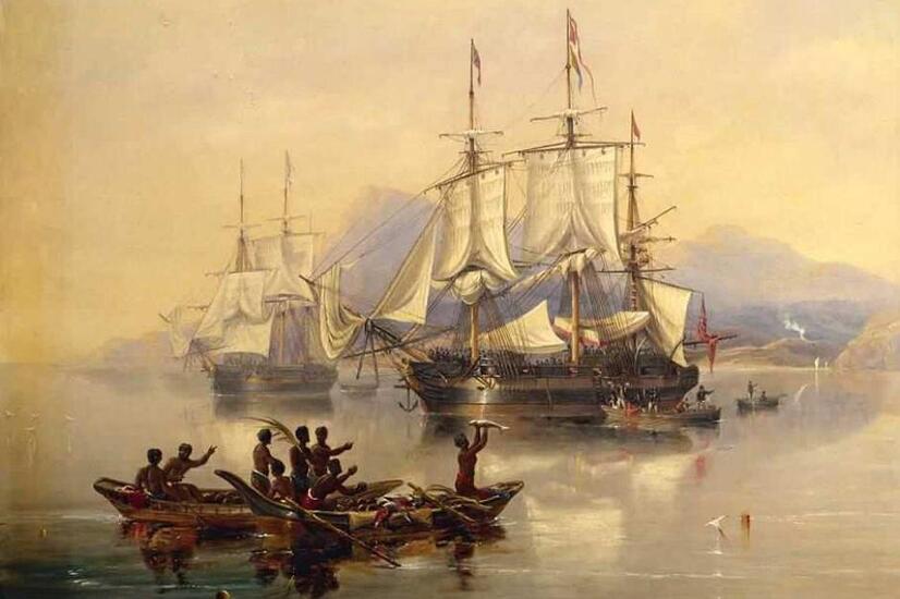 Auf diesem Stich sind die Schiffe Erebus und Terror in den neuseeländischen Gewässern zu sehen. hms erebus und hms terror