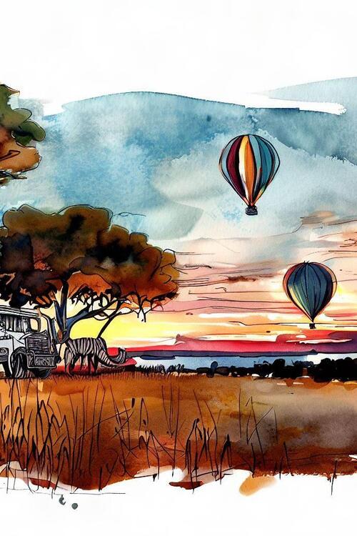 Das Erwachen der Savanne aus der Höhe eines Heißluftballons zu beobachten, ist an mehreren Orten in Afrika möglich, ohne die Tiere zu stören oder zu beunruhigen. Die Illustration wurde mit künstlicher Intelligenz erstellt. In privaten Naturschutzgebieten gibt es weitere Möglichkeiten wie Ballonfahrten.