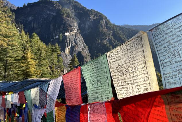 Die altehrwürdigen Gebetsfahnen vermitteln stille Gebete, die mit der Feierlichkeit der bhutanischen Landschaft verschmelzen.